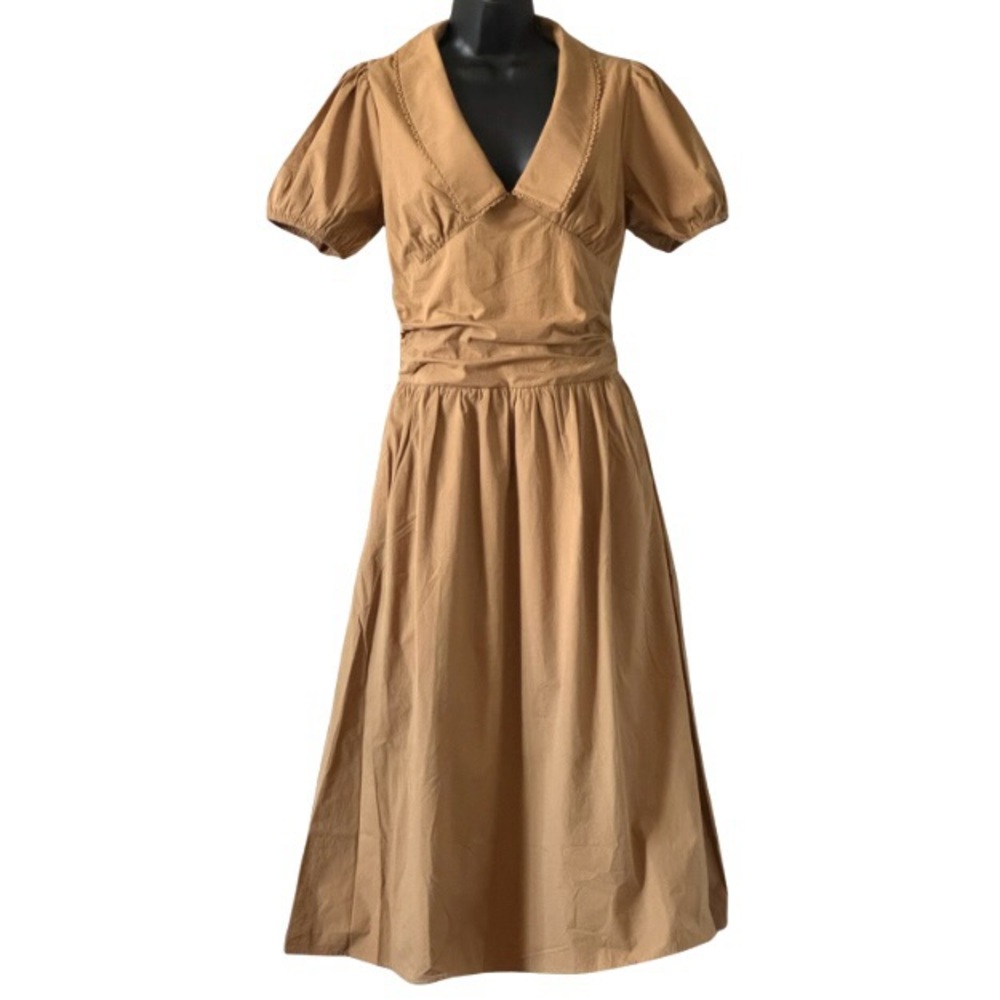 NWT 100% Cotton Tan Midi Dress with Peter Pan Collar